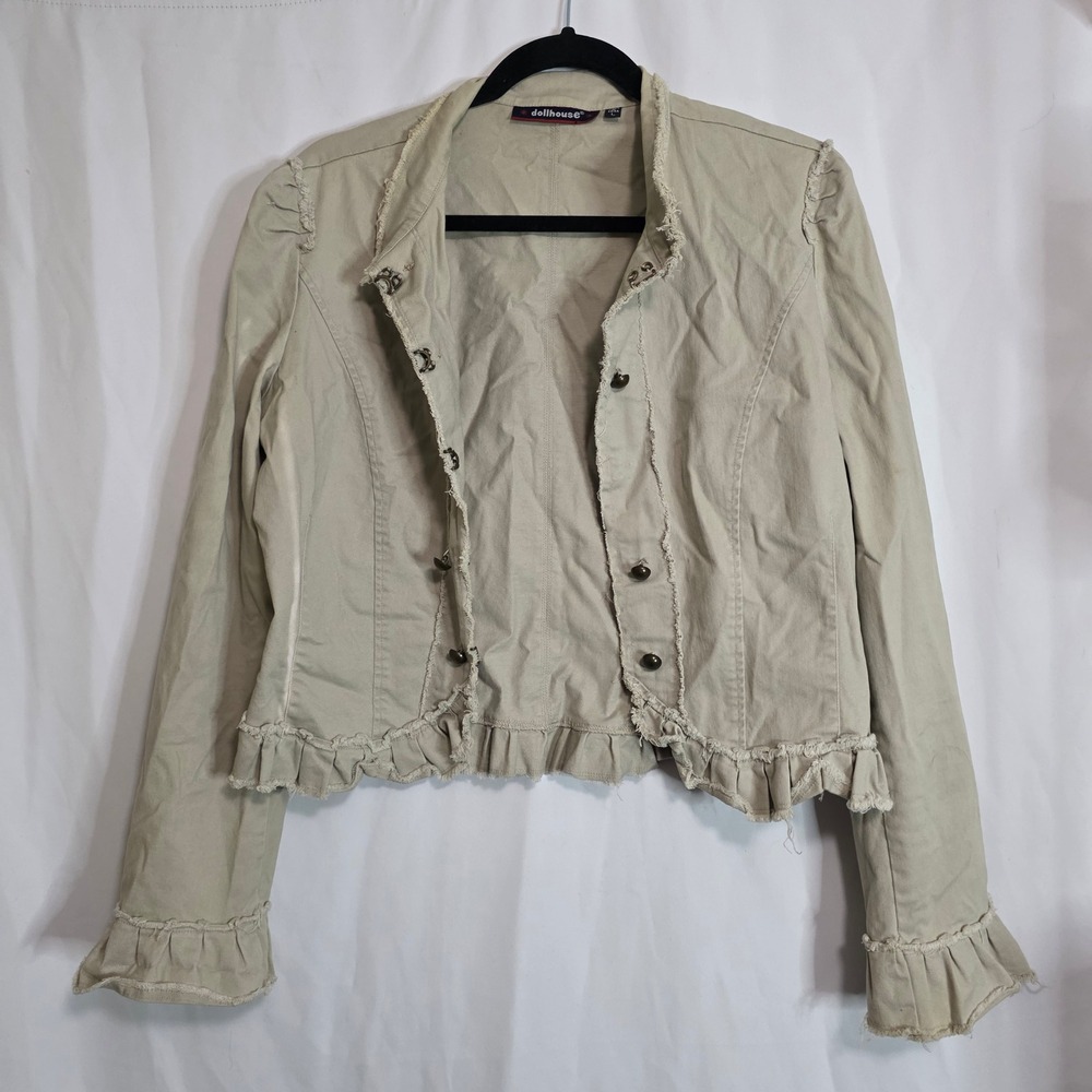 Dollhouse Jacket Womens Large Khaki Ruffle Raw Edge Military Shabby Chic Boho